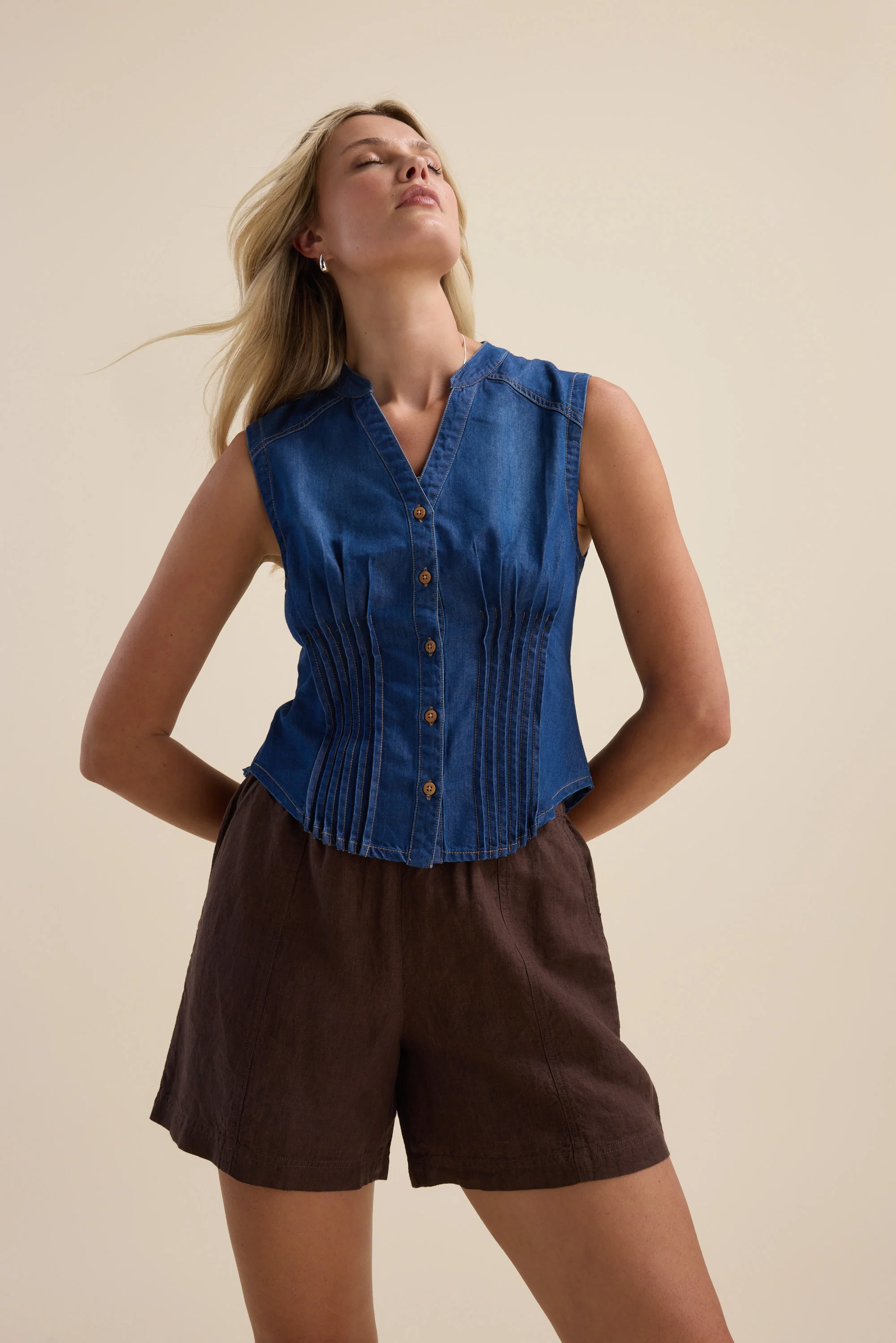 Brooklyn Tuck Detail Denim Shirt - Image 2