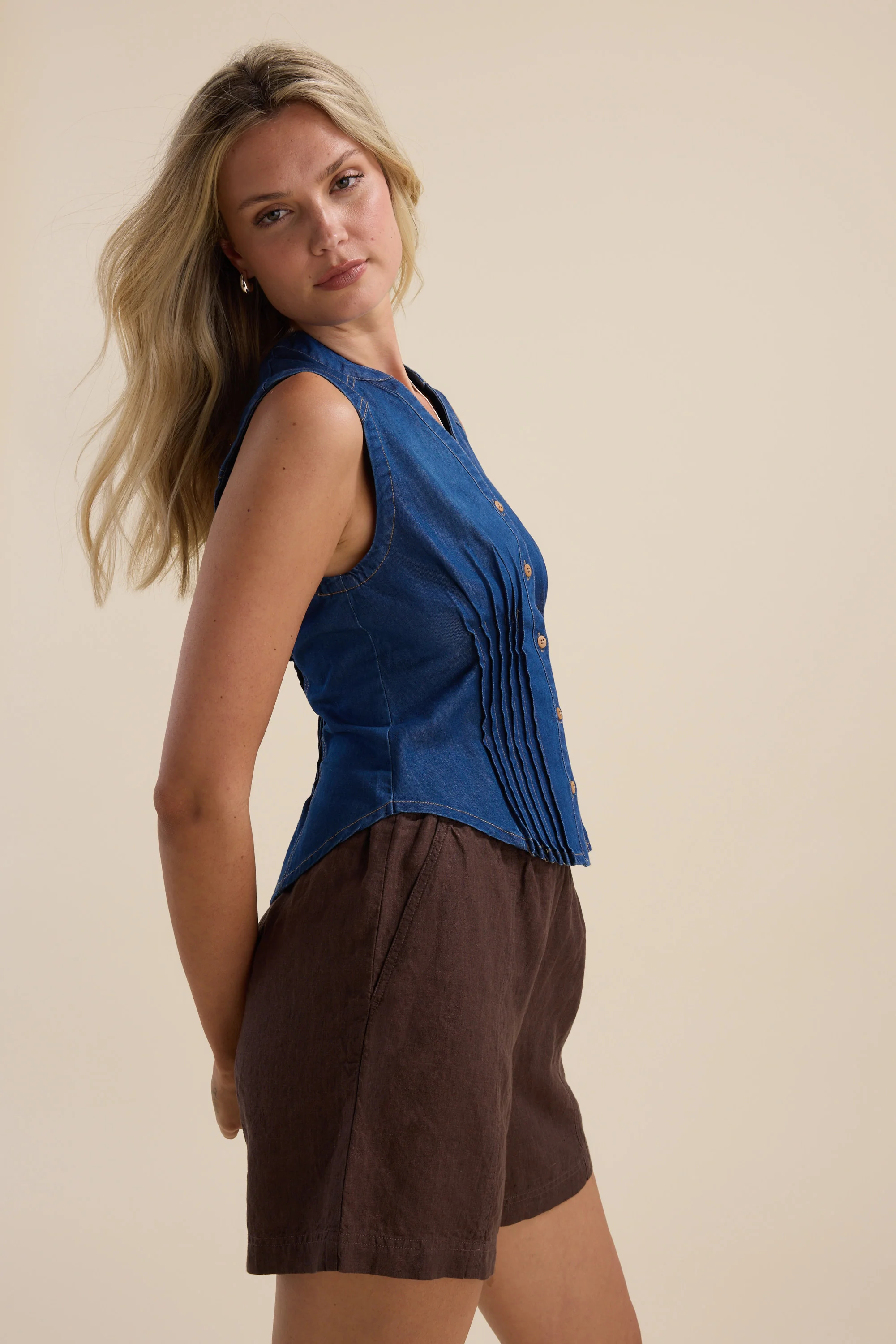Brooklyn Tuck Detail Denim Shirt - Image 3